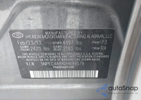 2013 Hyundai Sonata Limited 2.0T z USA, uszkodzony, nr VIN 5NPEC4AB4DH699579